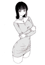 Rule 34 | 1girl, bad id, bad pixiv id, black hair, breasts, closed mouth, collarbone, dende (dndn222), dress, greyscale, highres, jewelry, large breasts, looking at viewer, medium hair, monochrome, necklace, original, scan, scan artifacts, shirt, solo, standing, thighs, tight clothes, tight dress, traditional media