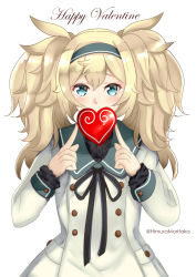 Rule 34 | 1girl, absurdres, black ribbon, blonde hair, blue eyes, blue hairband, blue sailor collar, commentary request, covering own mouth, dress, gambier bay (kancolle), hairband, happy valentine, heart, highres, himura moritaka, kantai collection, looking at viewer, official alternate costume, one-hour drawing challenge, ribbon, sailor collar, sailor dress, simple background, solo, twintails, upper body, white background, white dress