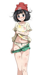 Rule 34 | 1girl, :o, bare legs, beanie, black eyes, black hair, blunt bangs, blush, bow, bow panties, breasts, clothes lift, clothes pull, collarbone, creatures (company), crying, crying with eyes open, dirty, dirty clothes, dirty face, floral print, game freak, green bow, green shorts, hat, highres, looking at viewer, medium hair, messy hair, navel, nintendo, open mouth, panties, pokemon, pokemon sm, red hat, selene (pokemon), shirt lift, short sleeves, shorts, shorts pull, simple background, small breasts, solo, tears, tsukishiro saika, underwear, white background, white panties, yellow shorts