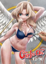 Rule 34 | 10s, 1girl, abazu-red, angel wings, artist self-insert, bikini, blonde hair, blue bikini, blue eyes, breasts, calligraphy brush, closed mouth, contrapposto, cowboy shot, cursive, dated, english text, girls und panzer, hair intakes, highres, holding, kay (girls und panzer), light smile, long hair, looking to the side, medium breasts, meta, out of frame, paintbrush, painting (action), staff, standing, swimsuit, white wings, wings
