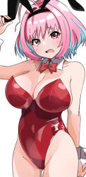 Rule 34 | 1girl, ahoge, animal ears, arm behind back, arm up, bare shoulders, blue hair, breasts, cleavage, collarbone, commentary, cowboy shot, detached collar, fake animal ears, fang, gluteal fold, groin, hair intakes, highleg, highleg leotard, idolmaster, idolmaster cinderella girls, large breasts, leotard, looking at viewer, mitche, multicolored hair, open mouth, pink eyes, pink hair, playboy bunny, rabbit ears, raised eyebrows, red leotard, short hair, simple background, solo, strapless, strapless leotard, tongue, two-tone hair, wrist cuffs, yumemi riamu