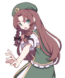 Rule 34 | 1girl, absurdres, braid, chinese clothes, dress, green dress, green eyes, green hat, hat, hat ornament, highres, hong meiling, kame (kamepan44231), long hair, one-hour drawing challenge, open mouth, red hair, short sleeves, simple background, solo, star (symbol), star hat ornament, touhou, twin braids, white background