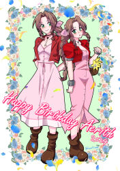 Rule 34 | 2024, 2girls, absurdres, aerith gainsborough, arms behind back, bolo tie, boots, bow, bracelet, breasts, brown footwear, button dress, cleavage, cropped jacket, dress, drill hair, dual persona, final fantasy, final fantasy vii, final fantasy vii remake, floral border, flower, flower basket, green eyes, happy birthday, highres, jacket, jewelry, multiple girls, pink bow, pink dress, red jacket, shikiwo, standing, twin drills