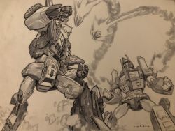 Rule 34 | artist name, autobot, clenched hands, commission, fighting, greyscale, highres, lewis larosa, mecha, missile, monochrome, open mouth, robot, science fiction, sixshot (transformers), smoke, traditional media, transformers, ultra magnus