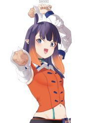Rule 34 | 1girl, ameiarts, blue eyes, chicken leg, cosplay, detached sleeves, food, hat, highres, holding, hololive, hololive english, long hair, looking at viewer, multicolored hair, ninomae ina&#039;nis, open mouth, pointy ears, purple hair, simple background, smile, solo, takanashi kiara, takanashi kiara (cosplay), tentacle hair, virtual youtuber, white background