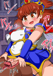 Rule 34 | 1boy, 1futa, :d, anal, arle nadja, ass, ass grab, assertive female, bar censor, blush, breasts, brown eyes, brown hair, capelet, censored, clothes, dark-skinned male, dark skin, dress, futa with male, futanari, japanese text, looking at another, male penetrated, medium breasts, open mouth, penis, puyopuyo, sex, sex from behind, smile, tiara, uhauha, veins, veiny penis, x-ray
