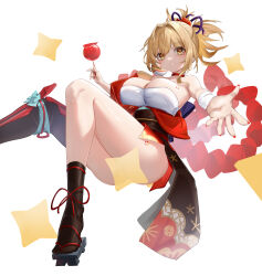 Rule 34 | 1girl, absurdres, bare shoulders, black socks, blonde hair, breasts, candy apple, choker, cleavage, commentary request, food, freeeeeeeeeee, genshin impact, geta, grin, hair intakes, highres, holding, holding food, japanese clothes, kimono, large breasts, looking at viewer, ponytail, reaching, reaching towards viewer, red choker, red kimono, short hair, smile, socks, solo, strapless, thighs, tube top, white background, yellow eyes, yoimiya (genshin impact)
