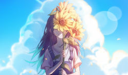 Rule 34 | 1girl, ^ ^, absurdres, black hair, blue sky, blurry, bokeh, closed eyes, cloud, collarbone, contrail, covering one eye, cumulonimbus cloud, day, depth of field, closed eyes, flat chest, floating hair, flower, flower over eye, happy, hibioes, highres, holding, holding flower, hoshino ichika (project sekai), leaf, long hair, outdoors, overalls, petals, project sekai, shade, shirt, short sleeves, sidelighting, sky, smile, solo, sunflower, white shirt, yellow flower