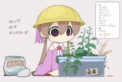 Rule 34 | 1girl, bag, blush stickers, brooch, brown hair, chibi, clover, collared dress, commentary request, dress, empty eyes, full body, gardening, hat, heart, heart brooch, jewelry, kneeling, long hair, looking at object, low twintails, neck ribbon, no mouth, pink dress, pink ribbon, plant, plant request, potted plant, purple eyes, ribbon, school hat, short dress, simple background, sleeveless, sleeveless dress, sleeves past wrists, solo, translation request, trowel, tsukuyomi ai, twintails, very long hair, voiceroid, yunji