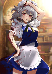Rule 34 | 1girl, absurdres, apron, blood, blood in hair, blood on arm, blood on face, blood on hands, bloody weapon, blurry, blurry background, breasts, chirihouki, collarbone, grey hair, highres, holding, holding knife, izayoi sakuya, knife, large breasts, looking at viewer, maid, open mouth, red eyes, short hair, short sleeves, solo, touhou, waist apron, weapon, white apron
