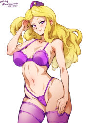 Rule 34 | advance wars, artist name, bikini, blonde hair, blush, breasts, cleavage, dated, floating hair, hand in own hair, hand on own hip, large breasts, lingerie, long hair, looking at viewer, mina cream, mole, nell (advance wars), purple bikini, purple headwear, signature, swimsuit, toned, underwear