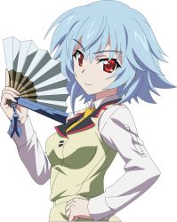 Rule 34 | 10s, 1girl, blue hair, breasts, deviantart thumbnail, hand fan, hand on own hip, highres, infinite stratos, light smile, looking at viewer, medium breasts, red eyes, sarashiki tatenashi, short hair, simple background, solo, uniform
