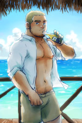 Rule 34 | 1boy, bara, bare pectorals, beach, beard, blonde hair, blue eyes, blush, bottle, boxers, bulge, drinking, facial hair, holding, holding bottle, looking at viewer, male focus, male underwear, male underwear pull, mature male, multicolored hair, muscular, muscular male, navel, navel hair, nipples, open clothes, open shirt, original, pectorals, pulling own clothes, shade, shirt, short hair, sideburns, solo, stomach, suv (suv032), two-tone hair, underwear, unfinished, water, white shirt, yellow male underwear