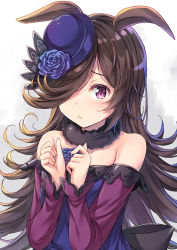 Rule 34 | 1girl, animal ears, arms up, bare shoulders, black bow, blue flower, blue headwear, bow, brown hair, flower, fur collar, hair flower, hair ornament, hair over one eye, highres, horse ears, horse girl, long hair, long sleeves, looking at viewer, off-shoulder shirt, off shoulder, purple eyes, purple shirt, rice shower (umamusume), rose, shirt, simple background, solo, tomo wakui, umamusume, upper body, white background