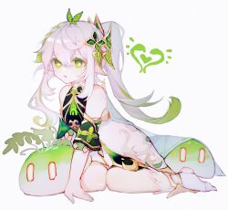 Rule 34 | 1girl, bare shoulders, cape, commentary request, cross-shaped pupils, crystalfly (genshin impact), dress, full body, genshin impact, gradient hair, green eyes, green hair, green sleeves, hand on ground, heart, highres, long hair, looking at viewer, multicolored hair, nahida (genshin impact), open mouth, pointy ears, ponytail, seiza, sidelocks, simple background, sitting, slime (genshin impact), solo, stirrup footwear, symbol-shaped pupils, white background, white cape, white dress, white footwear, white hair, yan mu (pingjiashiburudayouxi)