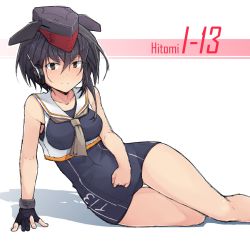 Rule 34 | 10s, 1girl, arm support, asymmetrical hair, bare shoulders, black hair, brown eyes, character name, e-qi, framed breasts, gloves, hair between eyes, hat, headphones, highres, i-13 (kancolle), kantai collection, looking at viewer, lying, on side, partially fingerless gloves, sailor collar, school swimsuit, short hair, single glove, smile, solo, swimsuit