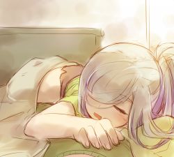 Rule 34 | 10s, 1girl, asashimo (kancolle), closed eyes, female focus, hair over one eye, kantai collection, lying, megtamine, on bed, on stomach, open mouth, ponytail, sleeping, solo