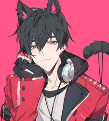 Rule 34 | 1boy, animal ears, black gloves, black hair, buried stars, cat boy, cat ears, cat tail, chinese commentary, closed mouth, commentary, ear piercing, eyebrows hidden by hair, fingerless gloves, gloves, grey eyes, hair between eyes, han do-yoon, hand on own chin, headphones, headphones around neck, highres, jacket, long sleeves, looking to the side, male focus, open clothes, open jacket, piercing, pink background, red jacket, shirt, short hair, shoulder spikes, simple background, solo, spikes, tail, white shirt, yusa (yusa0751)