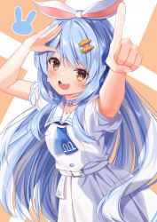 Rule 34 | 1girl, :d, animal ears, belt, blue neckerchief, blush, carrot hair ornament, divergenceok, dress, food-themed hair ornament, hair ornament, hairclip, highres, hololive, index finger raised, looking at viewer, neckerchief, open mouth, orange eyes, pointing, pointing at viewer, rabbit-shaped pupils, rabbit ears, rabbit girl, sailor collar, sailor dress, salute, short dress, short sleeves, smile, solo, symbol-shaped pupils, teeth, thick eyebrows, tied ears, upper teeth only, usada pekora, usada pekora (casual), v, virtual youtuber, white dress, white sailor collar