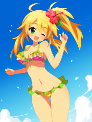 Rule 34 | 1girl, ;d, alternate hairstyle, bikini, blonde hair, blush, breasts, cloud, cloudy sky, cowboy shot, day, flower, frilled bikini, frills, green eyes, hahifuhe, hair flower, hair ornament, hibiscus, highres, hoshii miki, idolmaster, idolmaster (classic), long hair, looking at viewer, medium breasts, one eye closed, open mouth, side ponytail, sky, smile, solo, swimsuit, thigh gap, wink