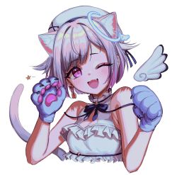 Rule 34 | 1girl, absurdres, amemiya nazuna, amemiya nazuna (1st costume), angel wings, animal ears, animal hands, bsapricot, cat ears, cat girl, cat tail, cropped torso, detached wings, earrings, fang, gloves, halo, hands up, hat, highres, jewelry, looking at viewer, one eye closed, open mouth, paw gloves, paw pose, pink eyes, shirt, short hair, simple background, single wing, sketch, sleeveless, sleeveless shirt, solo, tail, virtual youtuber, vshojo, white background, white hair, white hat, white shirt, wings