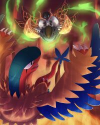 Rule 34 | absurdres, animal focus, archeops, aura, blue eyes, bug, claws, commentary request, creatures (company), emphasis lines, feathered wings, game freak, gen 5 pokemon, highres, insect, moth, nintendo, no humans, open mouth, pokemon, pokemon (creature), tail, volcarona, wings, yu (pocketsun636)