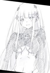 Rule 34 | 1girl, assault rifle, blunt bangs, bodysuit, breasts, citron80citron, cross hair ornament, girls&#039; frontline, gun, hair ornament, highres, hk416 (girls&#039; frontline), hk416 (midnight evangelion) (girls&#039; frontline), long hair, looking at viewer, medium breasts, monochrome, official alternate costume, rifle, sketch, solo, teardrop facial mark, unfinished, very long hair, weapon