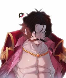 Rule 34 | 1boy, abs, absurdres, awaji masaru, black hair, coat, coat on shoulders, collared coat, commentary request, epaulettes, facial hair, gol d. roger, highres, jewelry, long mustache, looking to the side, male focus, mustache, necklace, one piece, open clothes, open shirt, pearl necklace, pink shirt, red coat, shirt, simple background, smile, solo, upper body, white background