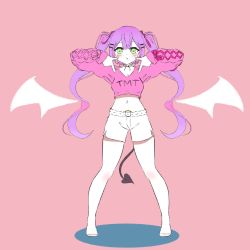 Rule 34 | 1girl, alternate costume, arms up, bare legs, barefoot, belt, blush, commentary request, crop top, demon girl, demon tail, demon wings, dot nose, fingers to cheeks, green eyes, hair ornament, hair ribbon, hairclip, highres, hololive, jewelry, long hair, matsuu, midriff, necklace, pink background, purple hair, red ribbon, ribbon, shadow, shorts, simple background, sleepwear, solo, standing, stomach, tail, tokoyami towa, twintails, very long hair, virtual youtuber, white shorts, wings