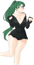 Rule 34 | 1girl, black hoodie, black jacket, blush, breasts, cleavage, closed mouth, collarbone, curvy, earrings, facing viewer, fire emblem, fire emblem: the blazing blade, fire emblem heroes, green hair, hair between eyes, highres, hood, hoodie, jacket, jewelry, large breasts, light blush, long hair, looking at viewer, lyn (fire emblem), nintendo, no bra, paw pose, ponytail, smile, solo, standing, standing on one leg, thighs, transparent background, tridisart, unzipping, wide hips