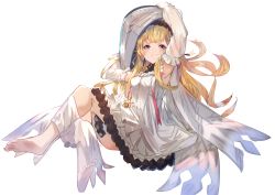 Rule 34 | &gt;:), 1girl, arm up, armpits, bare shoulders, barefoot, blonde hair, blush, breasts, cagliostro (granblue fantasy), closed mouth, commentary request, detached sleeves, dress, full body, granblue fantasy, highres, long hair, long sleeves, puffy long sleeves, puffy sleeves, purple eyes, see-through, see-through sleeves, simple background, sleeveless, sleeveless dress, small breasts, smile, soles, solo, tota (sizukurubiks), v-shaped eyebrows, very long hair, white background, white dress, white sleeves