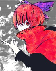 Rule 34 | 1girl, abstract background, black nails, black shirt, blending, bob cut, bow, cloak, fog, grey background, hair bow, hair over one eye, high collar, highres, looking at viewer, nail polish, pale skin, pointing, purple bow, red eyes, red hair, sekibanki, shirt, solo, stitched, stitches, tabazi, third-party edit, touhou
