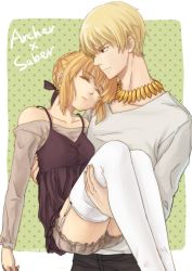 Rule 34 | 1boy, 1girl, ahoge, artoria pendragon (all), artoria pendragon (fate), bare shoulders, blonde hair, carrying, casual, character name, fate/hollow ataraxia, fate/stay night, fate/zero, fate (series), garter straps, gilgamesh (fate), green eyes, hair ribbon, jewelry, necklace, official alternate costume, princess carry, red eyes, ribbon, saber (fate), semillon, sleeping, thighhighs, white thighhighs