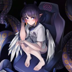 Rule 34 | 1girl, :t, athies, bare arms, bare legs, barefoot, blush, chair, closed mouth, commentary, english commentary, feathered wings, feet, frown, gaming chair, gradient hair, highres, hololive, hololive english, looking at viewer, multicolored hair, narrowed eyes, ninomae ina&#039;nis, ninomae ina&#039;nis (loungewear), official alternate costume, official alternate hair length, official alternate hairstyle, orange hair, pointy ears, pout, purple eyes, purple hair, shirt, short hair, short sleeves, sitting, solo, squatting, swivel chair, t-shirt, tentacles, v-shaped eyebrows, virtual youtuber, white wings, wings