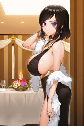 Rule 34 | 1girl, absurdres, black dress, black hair, bracelet, breasts, cain (gunnermul), candle, closed mouth, cup, dress, drinking glass, earrings, evening gown, feather boa, flower, from side, highres, huge breasts, indoors, isekai milf hunter, jewelry, korean commentary, looking at viewer, mole, mole on breast, novel illustration, official art, parted bangs, purple eyes, ring, short hair, side slit, table, wine glass