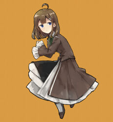 Rule 34 | 1girl, ahoge, black skirt, blue eyes, brown coat, brown dress, brown hair, closed mouth, coat, dress, frilled dress, frilled sleeves, frills, hair ornament, hairclip, highres, hod (project moon), library of ruina, looking at viewer, lying, medium hair, on side, orange background, pantyhose, project moon, simple background, skirt, solo, white pantyhose, york0pm