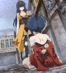 Rule 34 | 2girls, anime screenshot, back, bare shoulders, blue hair, breasts, cleavage, eden&#039;s zero, highres, homura kogetsu, japanese clothes, kimono, kurenai kogetsu, large breasts, long hair, looking down, mature female, mother and daughter, multiple girls, red kimono, stitched, thighhighs, third-party edit, torn clothes