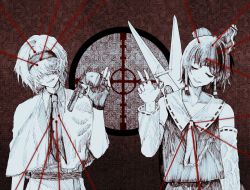 Rule 34 | 2girls, 833 (cookie), alice margatroid, bow, capelet, chinese commentary, closed eyes, commentary request, cookie (touhou), detached sleeves, dress, frilled bow, frilled hair tubes, frilled hairband, frills, greyscale, grin, gun, hair between eyes, hair bow, hair over eyes, hair tubes, hairband, hakurei reimu, handgun, highres, holding, holding gun, holding scissors, holding weapon, jigen (cookie), laser, laser pointer projection, laser sight, monochrome, multiple girls, necktie, on ( l0 ), red background, revolver, ribbon-trimmed collar, ribbon-trimmed sleeves, ribbon trim, sash, scissors, scope, shirt, short hair, skirt, sleeveless, sleeveless shirt, smile, spot color, touhou, upper body, weapon