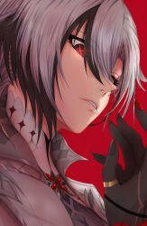 Rule 34 | 1girl, absurdres, arlecchino (genshin impact), black eyes, black hair, commentary request, genshin impact, grey hair, grey jacket, highres, jacket, multicolored hair, nail polish, parted lips, portrait, red background, red nails, short hair, sigure yusyo, simple background, solo, streaked hair