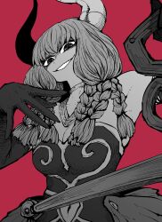 Rule 34 | 1girl, aura (sousou no frieren), black eyes, braid, breasts, cleavage, clothing cutout, commentary, contrapposto, cowboy shot, demon girl, demon horns, dress, elbow gloves, gloves, grey gloves, greyscale with colored background, hair between eyes, highres, horns, large breasts, light smile, limited palette, long hair, navel cutout, purple dress, red background, smirk, solo, sousou no frieren, symbol-only commentary, twin braids, weighing scale, zyugoya