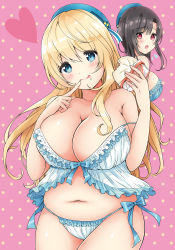 Rule 34 | 10s, 2girls, :p, absurdres, atago (kancolle), babydoll, baozi, bare shoulders, black hair, blonde hair, blue bow, blue eyes, blue hat, blue ribbon, blush, bow, breasts, cleavage, cowboy shot, eyebrows, finger to mouth, flying sweatdrops, food, food on face, frilled panties, frills, hat, highres, kantai collection, large breasts, long hair, looking at viewer, mole, mole under mouth, multiple girls, nanairo fuuka, navel, open mouth, panties, pink background, plump, polka dot, polka dot background, red eyes, ribbon, side-tie panties, smile, stomach, strap slip, sweatdrop, takao (kancolle), tongue, tongue out, underwear, white panties