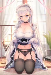Rule 34 | 1girl, absurdres, artist name, azur lane, belfast (azur lane), black choker, black dress, black garter belt, black panties, black thighhighs, blue eyes, blush, bow, bow panties, braid, breasts, choker, cleavage, closed mouth, clothes lift, collarbone, commentary request, curtains, day, dress, dress lift, elbow gloves, fallen-leaves, frilled dress, frills, garter belt, gloves, groin, highres, indoors, kneeling, large breasts, lifted by self, light particles, long hair, looking at viewer, maid headdress, midriff, mop, navel, panties, smile, solo, thighhighs, underwear, very long hair, white bow, white gloves, white hair, white panties, white thighhighs