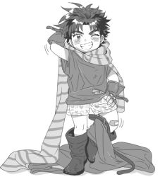 Rule 34 | 1boy, age regression, aged down, apple972, bandaid, boxers, clothes pull, greyscale, grin, inzup, jojo no kimyou na bouken, joseph joestar, joseph joestar (young), male focus, male underwear, monochrome, one eye closed, oversized clothes, pants, pants pull, scarf, smile, solo, striped clothes, striped scarf, underwear