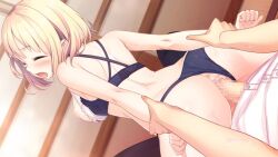 Rule 34 | arm grab, ass, blonde hair, blush, bra, breasts, closed eyes, clothing aside, flat (company), hinai paulette, lingerie, maitetsu, medium breasts, moaning, nipples, panties, panties aside, reverse cowgirl position, sex, sex from behind, straddling, underwear, vaginal