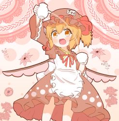 Rule 34 | apron, blonde hair, bow, brown dress, brown hat, commentary request, coruthi, cup, dress, fairy, frilled shirt collar, frills, hat, hat ribbon, highres, holding, holding cup, juliet sleeves, long sleeves, looking at viewer, mob cap, orange eyes, ponytail, puffy sleeves, red bow, ribbon, smile, tea, teapot, tina flavor, touhou, touhou igyoukyo, white apron, white ribbon, wings