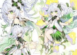 Rule 34 | 1girl, bloomers, closed mouth, commentary request, cross-shaped pupils, detached sleeves, dress, flower, genshin impact, green eyes, green hair, green sleeves, hair between eyes, hair ornament, long hair, multiple views, n oel, nahida (genshin impact), parted lips, pointy ears, ponytail, shirt, side ponytail, symbol-shaped pupils, toeless footwear, twitter username, underwear, white bloomers, white dress, white footwear, white hair, white shirt, yellow flower