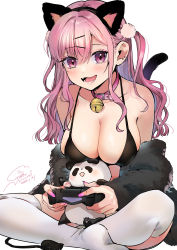 Rule 34 | 1girl, absurdres, animal ears, bell, blush, breasts, cat ears, cat tail, character request, cleavage, coat, controller, copyright request, curly hair, fur coat, geshumaro, highres, holding, holding controller, large breasts, neck bell, panda, pink eyes, pink hair, playstation controller, solo, stuffed animal, stuffed toy, tail, teddy bear, thighhighs, white thighhighs