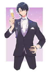 Rule 34 | 1boy, ;), alcohol, black hair, black jacket, black pants, champagne, champagne flute, closed mouth, cropped legs, cup, drinking glass, earrings, formal, hair between eyes, hand on own hip, highres, holding, holding cup, jacket, jewelry, male focus, marius von hagen (tears of themis), mtkignsn, one eye closed, pants, pink background, pink vest, purple eyes, ring, shirt, smile, solo, suit, tears of themis, thick eyebrows, twitter username, two-tone background, vest, white background, white shirt