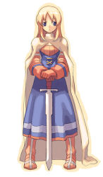 Rule 34 | 1girl, armor, armored dress, blonde hair, blue eyes, cape, final fantasy, final fantasy tactics, hands on hilt, knight, knight (fft), simple background, solo, standing, sword, tanaka (cow), weapon, yamai