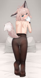 Rule 34 | 1girl, ahoge, animal ears, arknights, ass, back, bad id, bad pixiv id, black pantyhose, blue eyes, blush, clothes lift, foreshortening, fox ears, fox tail, gloves, highres, kneeling, looking at viewer, medium hair, panties, panties under pantyhose, pantyhose, pillow, pink hair, shirt lift, solo, sussurro (arknights), tail, timitarcat, underwear, white gloves, white panties